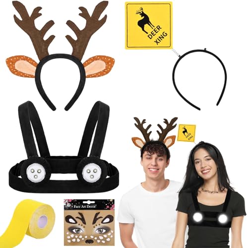 JcHrmers 5 Pcs Halloween Deer and Headlights Couple Costume Antler Headband Chest Harness Lights Crossing Sign Headband for Halloween Adult Men Women Cosplay Party
