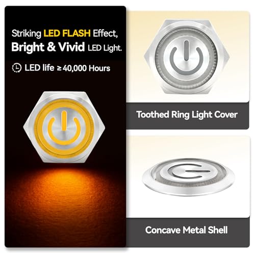Image of UL Listed 15Amp 16mm Latching Push Button Switch 110V-120V IP67 Waterproof; SPST 1NO, with LED Angel Eye Light; Stainless Steel 304 with Wire Socket Yellow
