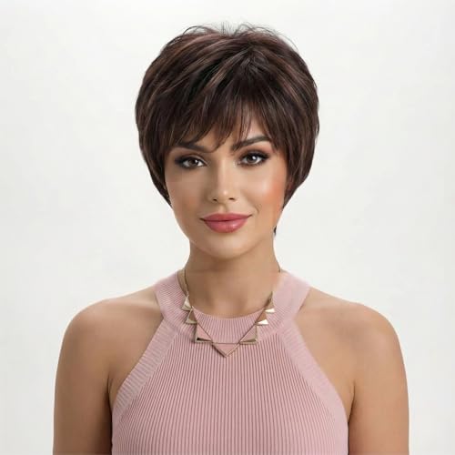 AIYLMZ Perruques de Cheveux Bob Mixtes Bruns Courts pour Femmes avec Frange, Perruques Naturelles...