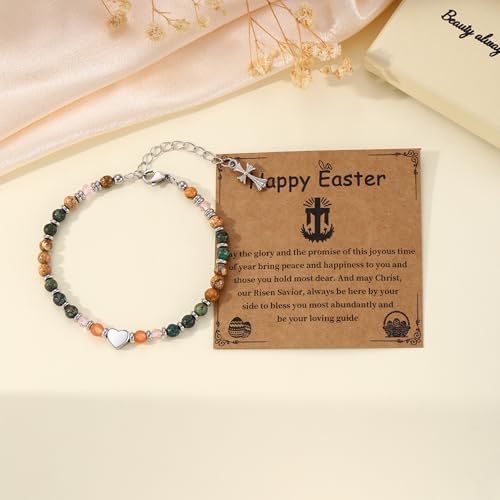 Image of Easter Basket Stuffers for Teens, Nature Stone Cross Bracelet Easter Gifts for Teens Women Adults Christian Religious Jewelry Baptism Confirmation Gift