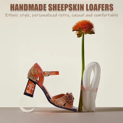 Riutiru Women's Handmade Lambskin Retro Casual Sandals for Spring and Summer, Contrast 3D Color-blocking Flower Comfortable High-heeled Sandals for Women3