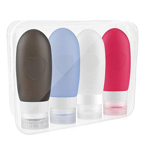 Preisvergleich Produktbild Silikon Reiseflaschen Set, Evelure 4er-Pack Auslaufsichere Reise-Behälter und Transparente Kosmetiktasche für Shampoos, Lotionen und Körperpflege Produkte