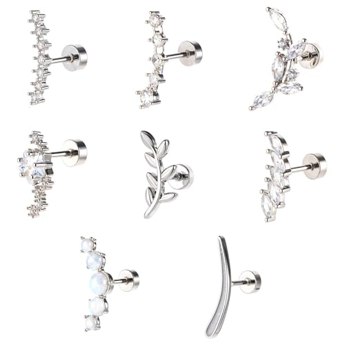 HJZHII Lot de 8 boucles d'oreilles Helix Piercing, 16G Piercings Helix Conch Piercing Cartilage Tragus Bijoux en acier inoxydable avec dos plat, strass, 6,...