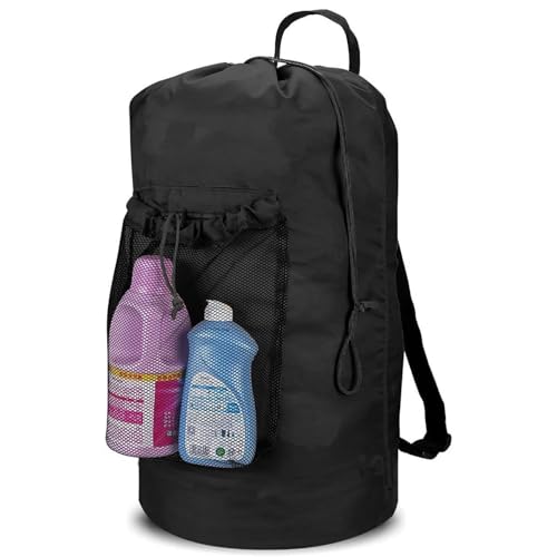 La Mejor Selección de Bolsa para ropa sucia del mes. 50 YUHOHO Bolsa de Lavandería Tipo Mochila 73cm,Mochila para Colada con Correas Hombro y Bolsillo Malla,Bolsa Cesto para Ropa Nailon Resistente con Cierre Cordón,para...