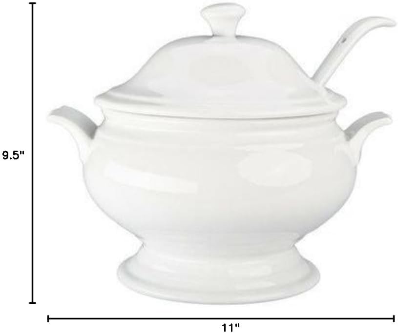 BIA Cordon Bleu Soup Tureen Set, White Porcelain 3-Piece - 3.5 Qt Bowl with Lid & 10" Ladle, Sturdy Handle, Microwaveable Elegant Dinnerware for Serving Soup, Stews, Desserts - Great for Holidays
