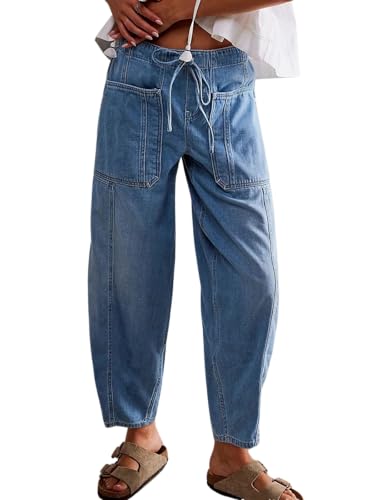 CHARTOU Women's Trendy Mid Rise Barrel Jeans Drawstring Boyfriend Denim Pants Harem Y2K Jeans with Pockets