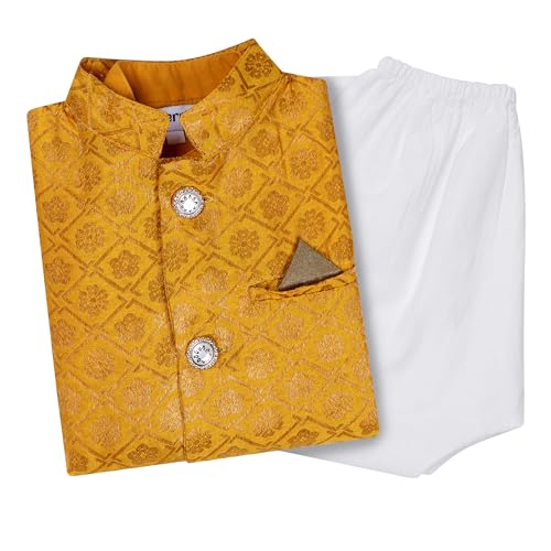 Image of Superminis Boy's Cottton Kurta Cotton Brocade Printed With Golden Thread Work Nehru Jacket and Elastic Closure Pyjama Set