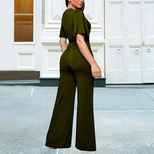 Image of PaladMom Womens Elegant Plus Size Jumpsuits Sexy Back zipper Short Sleeve Mid Waist Wide Leg Straight Rompers