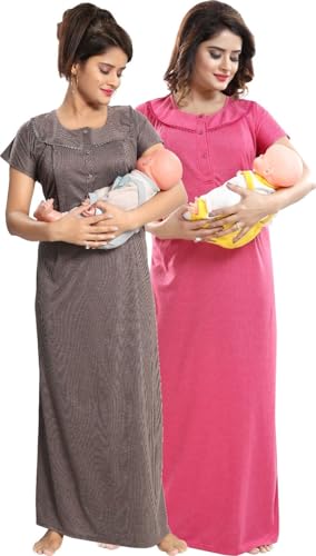 Image of Fabme Women's Polycotton Nursing Nightgown - Concealed Zip, Long, Textured Nighty for Maternity, Feeding
