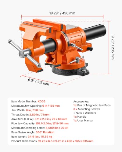Image of VEVOR Heavy Duty Bench Vise, 6 inch Jaw Width, Double Swivel Rotating Multi-Purpose Bench Vise, with 360 Locking Swivel Base and Head, 2.8 inch Throat Depth, 6 inch Max Jaw Opening, for Drilling, Pipe Cutting