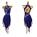 GerRiT Women's Embroidery Latin Dress Professional Cha Cha Competition Costume Halter Neck Ballroom Dancing Skirt Leotard,Dark Blue,S