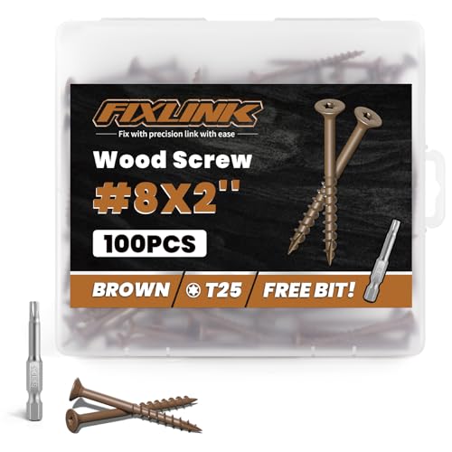 Image of Wood Screws 2 Inch, FIXLINK Deck Screws #8 x 2, 100 PCS, Epoxy Coated, T25 Star Bit Above 1500 Hour Salt Spray Coating Outdoor Decking Screws Excellent Rust Resistant for Wood Fence, Brown