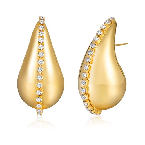 Rajputana Chunky Gold Hoop Earrings for Women, Lightweight Waterdrop Teardrop Hollow Open Hoops, Hypoallergenic Gold Plated Earrings Fashion Jewelry for Women Girls 18/25/32/47mm