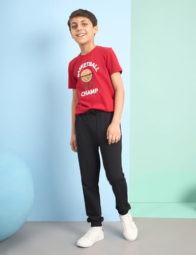 Image of Amazon Brand - Symbol Boy's Regular Track Pants and t-Shirt(SS19TRS486 Sage Red + Black 12-14Y)