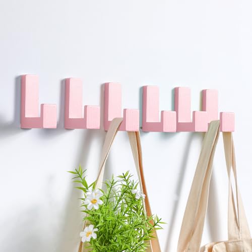 Image of Teenyyou 6 Pack Cute Kids Coat Wall Hooks Wooden Adhesive Decorative Colorful Wall Mounted Hangers Backpack Hooks for Hanging Keys Towel Clothes Bathroom Organization(Pink)