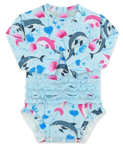 Image of uideazone 6 9 12 Months Bathing Suit for Baby Girls One Piece Swimsuit Dolphin Newborn Rash Guard Swimwear Long Sleeve Beachwear Sunsuit UPF 50+ Sun Protection