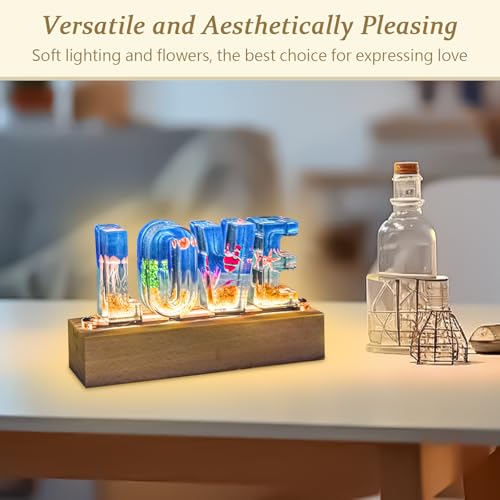 Image of Floral Letter LED Night Light: Resin Dried FlowerLetters Lamp with USB - Handmade Pressed Flower Nightlight Unique Customized Gift for Home Decoration (Blue, 1)