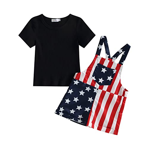 LIOMENGZI 4th of July Baby Girl Outfits Cotton Ribbed Plain Tshirt American Flag Overall Romper Short Summer Clothes