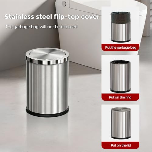 Image of 7L /1.8GAL Stainless Steel Trash can,Bathroom Trash can with lid,Small Trash Can with Flipping Lid, Mini Garbage cans for Kitchen,Living Room. Metallic Gold (7L-Silver)