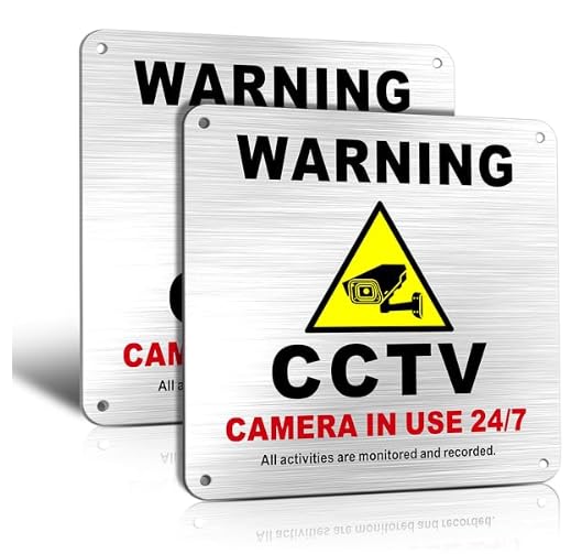 Votuda Pre-drilled Brushed Aluminum CCTV Sign – 15x15cm, 24/7 Outdoor Waterproof, UV Resistant, Heavy-Duty | Pack of 2
