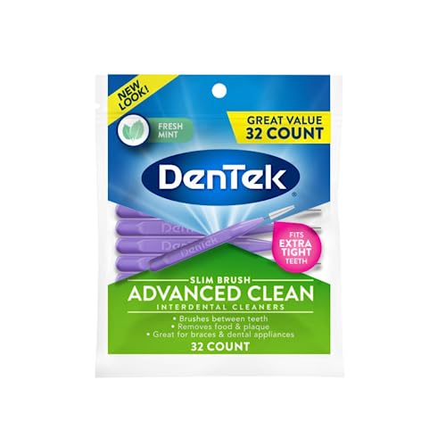 Image of DenTek Advanced Clean Slim Brush Interdental Cleaners, Extra Tight Between Teeth Brushes, Plaque Removal, Dental Picks for Oral Care, Fresh Mint Mouthwash Blast, 32 Count (Pack of 2)