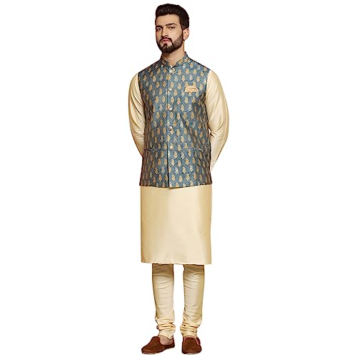 Image of KISAH Men's Navy Blue Printed Cotton Kurta - Regular Fit Long Tunic with Mandarin Collar | Ethnic Wear for Weddings & Festive Occasions