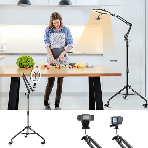 Overhead Phone Tripod for Cooking Videos with Casters, Ring Light with Stand Overhead Phone Mount Holder, Selfie Light Stand for Video Recording, Vlog, TikTok