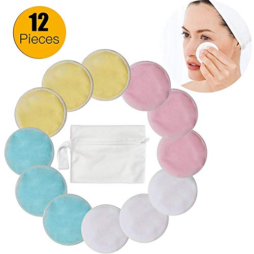 Makeup Remover Pads Reusable, Voerou 12 Pack Bamboo Facial Toner pads Cleansing Towel Wipes Cloth Washable Cotton Round pads with Laundry Bag, Chemical Free, 4 Color
