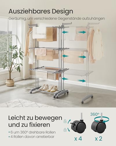 SONGMICS Wäscheständer, Standtrockner 4 Ebenen, ausziehbar, Flügelwäscheständer, klappbare Flügel, mit Rollen, 63,5 x (131-200) x 177,5 cm, groß, einfacher Aufbau, Taubengrau LLR704G01