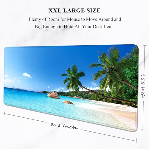 Image of Auhoahsil Large Gaming Mouse Pad, Beach Theme XXL 35.4 x 15.7 in Desk Pad Stitched Non-Slip Rubber Long Computer Mousepad Thin Extended Full Size Desk Mat for Desktop, Laptop, Wireless Mice, Blue