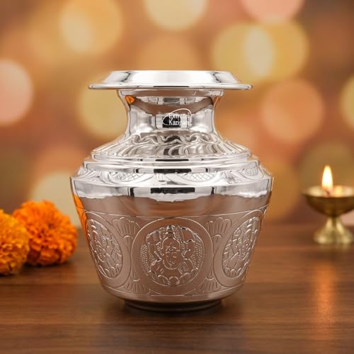 Image of Brass Ashtalakshmi 7 Inch German Silver Finish Kalash 2Ltr Capacity Puja Lota for Pooja Mangal Pot for Home Temple Decoration Hindu Religious Water Vessel