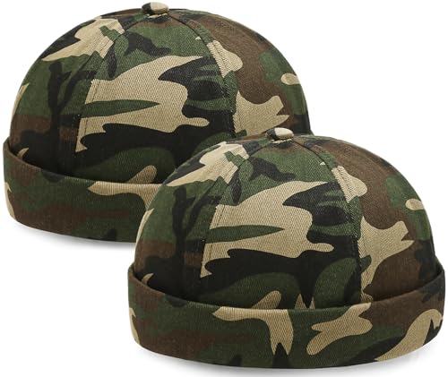 Image of 2 Pcs Mens Brimless Docker Cap Set - Retro Worker Sailor Skull Cap Beanie with Rolled Cuff