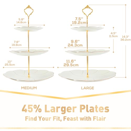 DUJUST Luxury Larger 3-Tier Cupcake Stand Tower, British Style Porcelain Serving Tray with Golden Trim, Food Grade Dessert Display Stand for Tea Party & Home Décor - 45% Larger Plates - Image 3