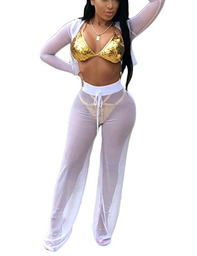 Womens Sexy Sheer Mech Club Hooded Crop Top Pants Set Two Piece Outfits XL White