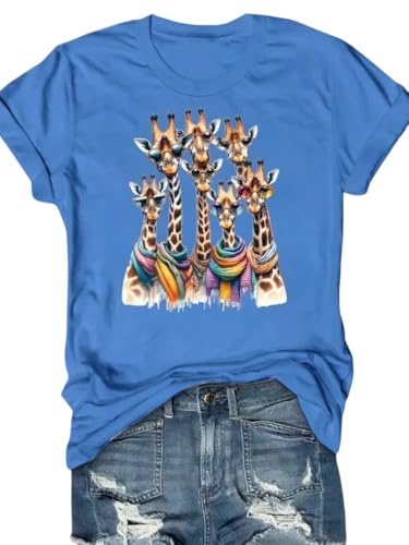 Womens Summer Giraffe Printed T-Shirt Funny Cute Animal Graphic Tees Tops(KDJ-Blue,XL)