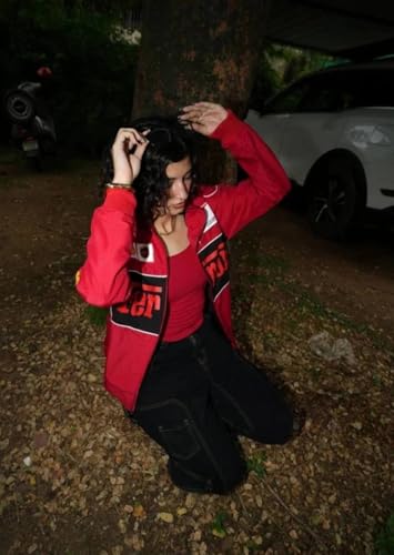 Image of UrbanVibes Red F1 Speed Printed Jacket | Motorsport & Streetwear Fusion | Racing Jacket with Patches, Full Zip Hooded Motorsport Style Outerwear RED