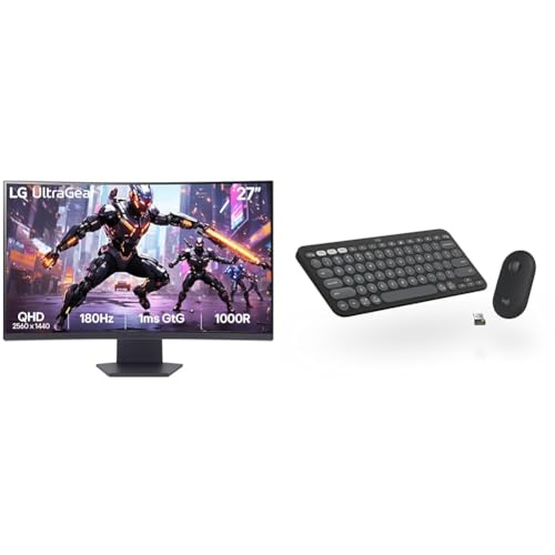Image of LG 27GS60QC-B Ultragear Curved Gaming Monitor, 27-Inch QHD (2560x1440), 180Hz 1ms 1000R AMD FreeSync HDR10, HDMI x 2 DisplayPort Borderless Design + Logitech Pebble 2 Combo Wireless Keyboard and Mouse