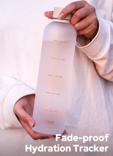Image of Opard Slim Water Bottle 32oz, Dishwasher Safe Plastic Water Bottle BPA-Free, Leakproof Screw Top, Cream White, Reusable for Travel School Sport Gym Hiking