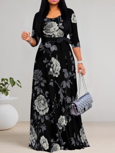 Image of PinkPatty Plus Size Maxi Dress for Women Casual V Neck 3 /4 Sleeve Boho Printed Long Dress with Pockets