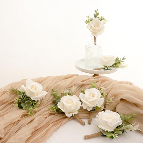 Gvhntk Ivory Rose Boutonniere for Men Wedding Set of 6 Groom Groomsmen Best Man Artificial Flowers Boutonniere for Wedding Ceremony Anniversary Prom Flowers Formal Dinner Party (6, image 6