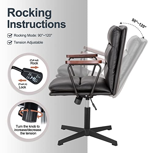 Okeysen Office Desk Chair No Wheels, Swivel Chair With Retro Wooden Armrests, Criss Cross Legged Armless Computer Chair For Home Office, Mid Century Modern Adjustable Task Chair With Thick Cushion #TOP3