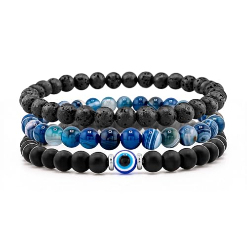 3PCS Evil Eye Bracelet 6mm Tiger Eye Natural Stone Stretch Adjustable Black Crystal Beaded Bracelet for Men Women Gifts