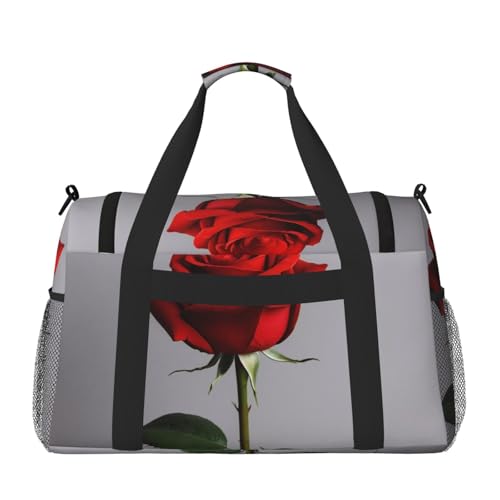 Red rose Print Travel Duffle Bag - Foldable Personal Item Travel Bag for Women & Men,Carry-On Convertible Crossbody Tote Bags with Adjustable Shoulder Strap & Pockets 13x10.2x19.7 in2