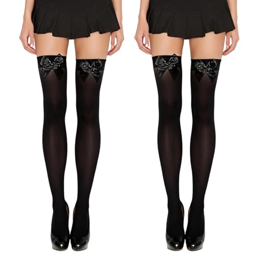 Yuwnd 2 Paar Schwarze Kniestrümpfe Damen, Strümpfe Mit Schleife Overknee Socks, Hohe Strümpfe Damen Für Halloween Parties, Cosplay Events