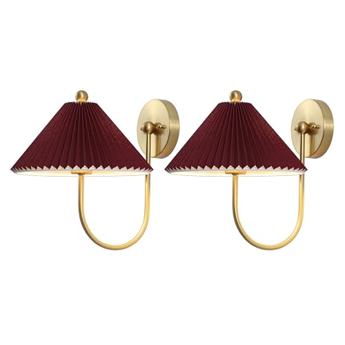 Image of SAFAVIEH Lighting Collection Chrissy Burgundy /Brass Fabric /Metal Wall Sconce Set of 2 (LED Bulbs Included)