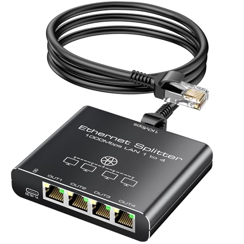 KiWiBiRD Switch Ethernet 4 Puertos , ethernet Splitter 1 a 4, duplicador ethernet Divisor de Red RJ45 1000Mbps gigabit Compatible con Cat 8 7 6 5e 5, Router PC sobremesa Gaming PS5 PS4 Xbox TV Box