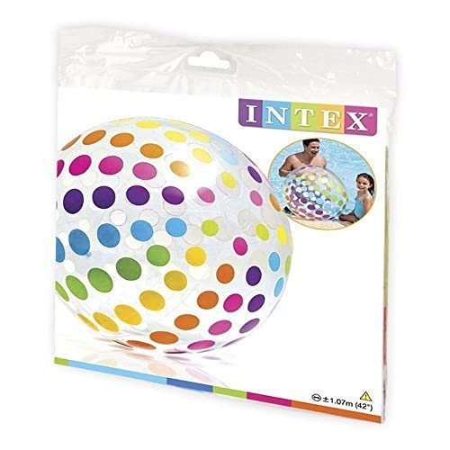 Intex Jumbo Inflatable Glossy Colorful Transparent PVC Giant Beach Ball w/Repair Patch in Polka-Dot or Rainbow Stripes for Ages 3 & Up, Color Varies