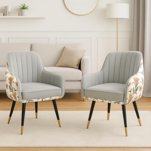 Image of Velvet Chair with Floral Pillow for Home | Modern Accent Armchair in Soft Velvet Fabric with Golden Legs | Set of 2 Premium Accent Chair for Living Room Bedroom (Light Grey Floral)