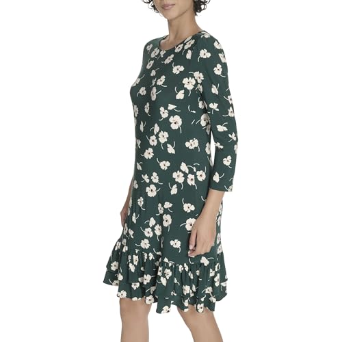 Image of Tommy Hilfiger Women's 3 /4 Sleeve Crew Neck Double Ruffle Hem Jersey Shift Mini Dress