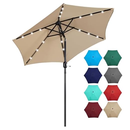 Yaheetech 7.5FT Solar Patio Umbrella-18 LED Lighted Market Table Outdoor Umbrella w/UV Protection Push Button Tilt & Crank Lift System for Garden/Lawn/Deck/Backyard/Pool,Tan